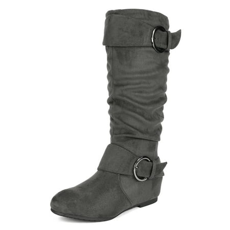 

Dream Pairs Womens Wide-Calf Knee High Low Hidden Wedge Slouch Buckle Boots Ura Grey/Suede Size 7.5