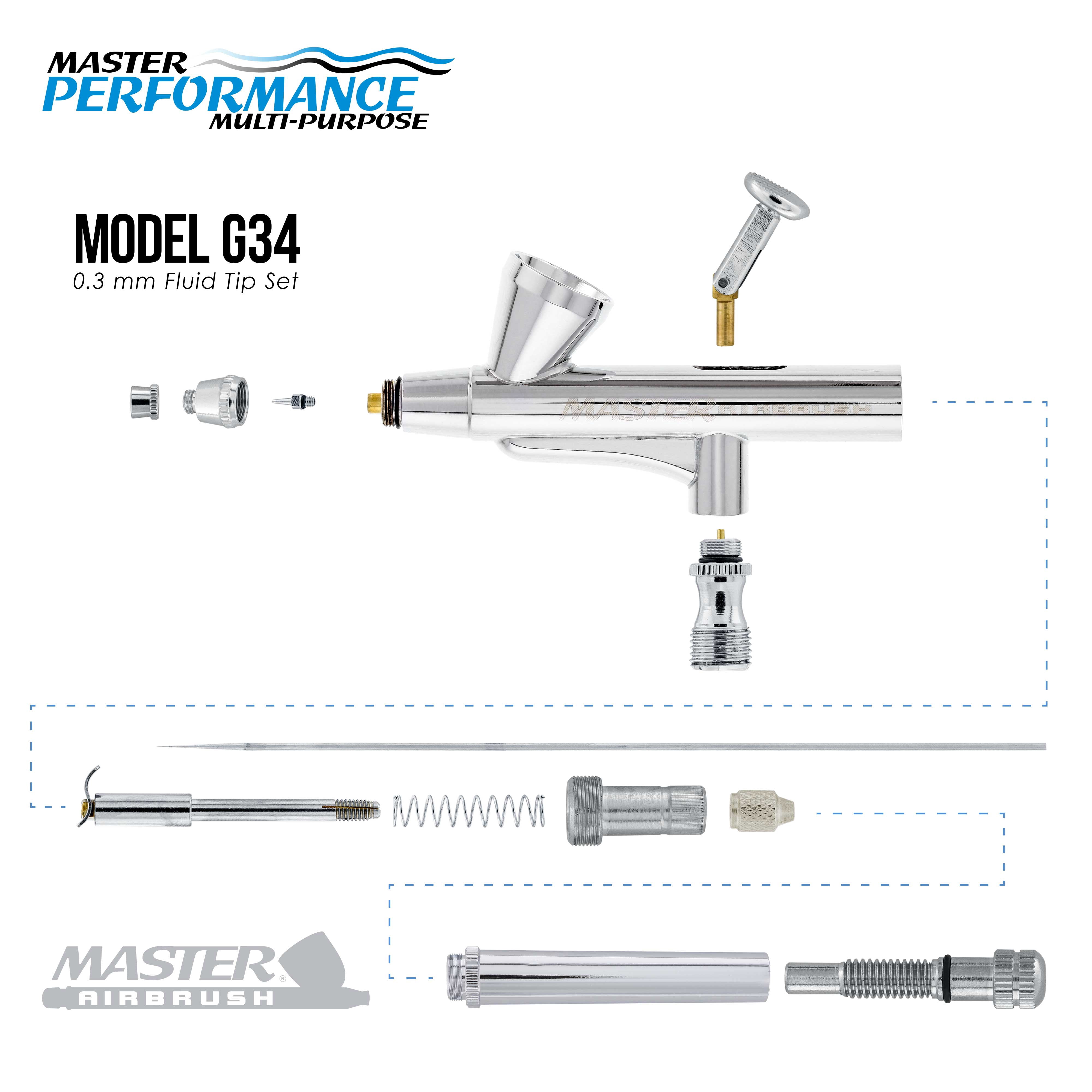 Master Airbrush Cool Runner II Dual Fan Air Compressor System Kit with a G34 Gravity Feed Dual-Action Airbrush Set with 0.3mm Tip, 1/16 oz. Fluid Cup - Holder, How-To Guide - Hobby, Auto, Cake