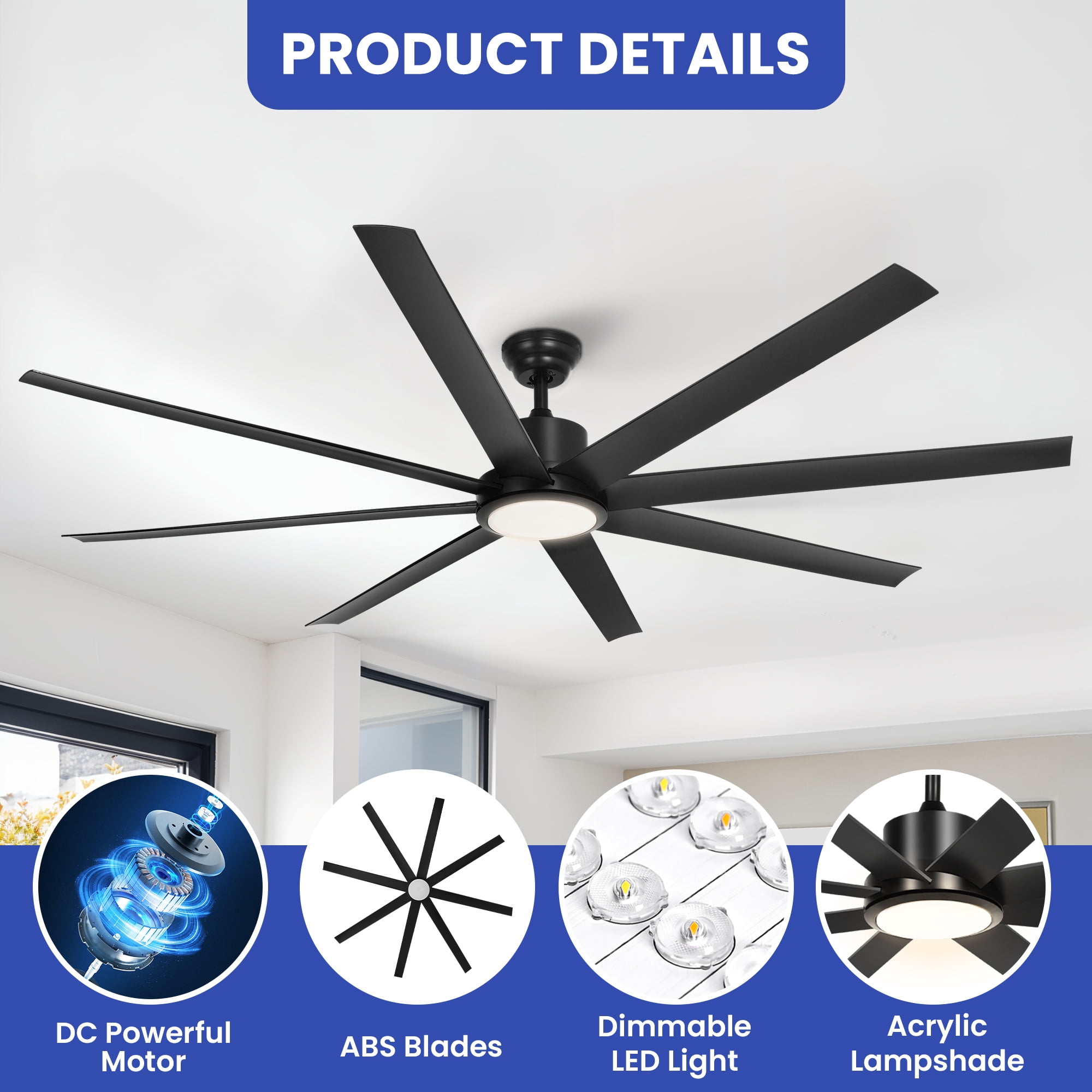 ModFusion 72" Black Ceiling Fan with LED Light & Remote, 8-Blade Industrial Design, Quiet Reversible Airflow, 3 Light Colors
