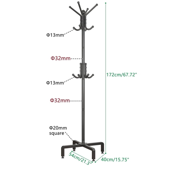 LISHBIE Coat Rack Minimalist 12-Hook Freestanding Black