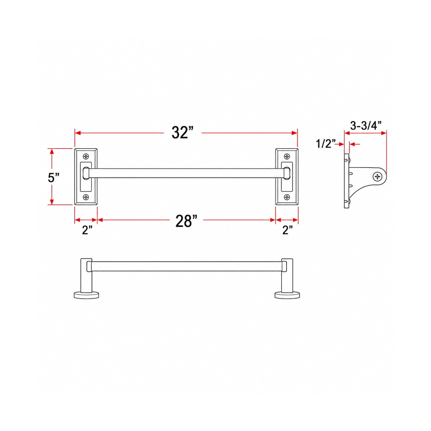 White Wood Dalton 30 in. Towel Bar, Bathroom and Kitchen Wall Mount