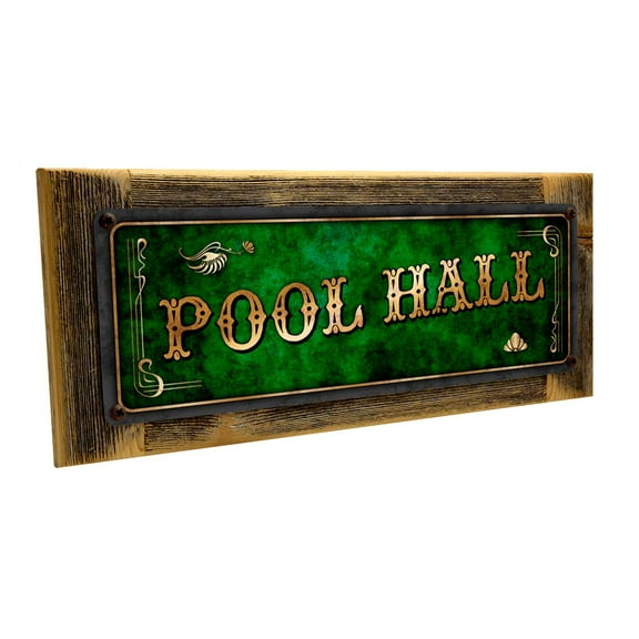 Framed Pool Hall 4"x12" Metal Sign, Wall Décor for Mancave, Den, and Gameroom