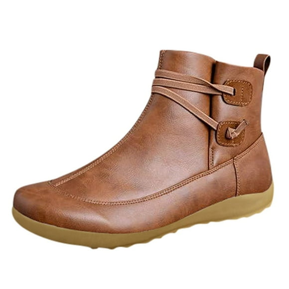 asddcavvf Women's Vintage Leather Boots Flat Waterproof Shoes Winter Round Toe Ankle Boots