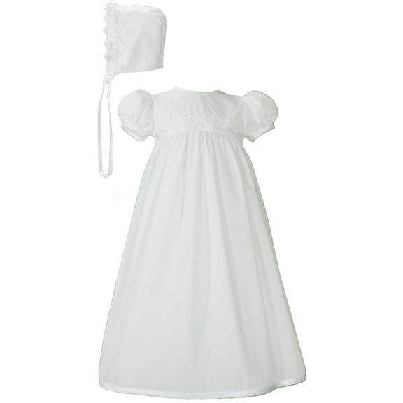 Girls White Polycotton Christening Baptism Gown with Lace Trim & Bonnet (Baby)