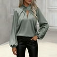 thumbnail image 2 of RYRJJ Womens Satin Silk Work Shirts Elegant Draped V Neck Dressy Casual Blouses Business Puff Long Sleeve Tunic Tops(Green,L), 2 of 8