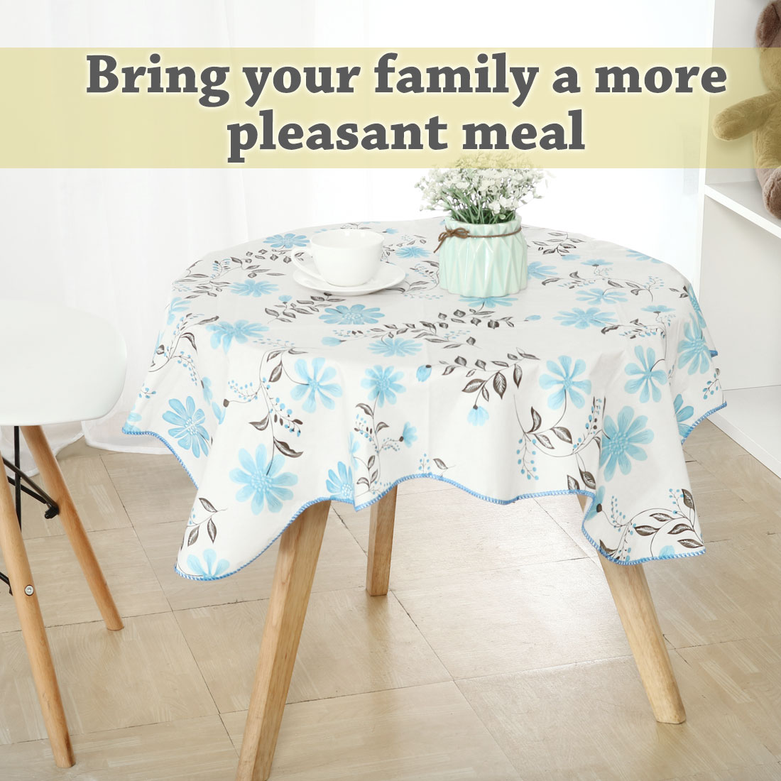 Unique Bargains Vinyl Square Tablecloth Blue Flower Print 35" x 35"