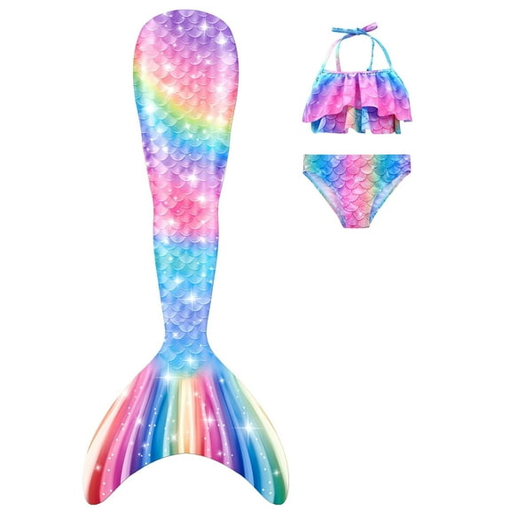 Girls Mermaid Bathing Suit 3PCS Cute Ruffle Tankini Swimsuits with Underwear Fish Tail Kids Beach Swimwear 3-11Y