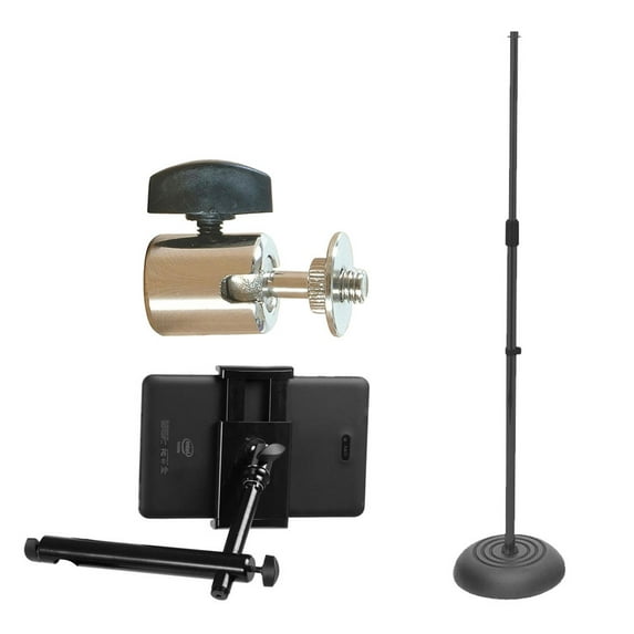 On Stage Round Base Mic Stand MS7201B + On Stage Ball Joint Adaptor + On-Stage TCM1900 Grip-On Universal Device Holder - Ultimate Microphone Accessory Bundle