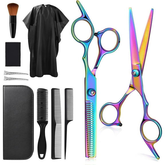 Hair Clippers Scissors Kits, 11 PCS Professional Haircut Scissors Kit with Comb, Clips, Cape, New Craftsmanship Stainless Steel Hairdressing Thinning Shears Set for Barber, Salon, Home, Multicolor