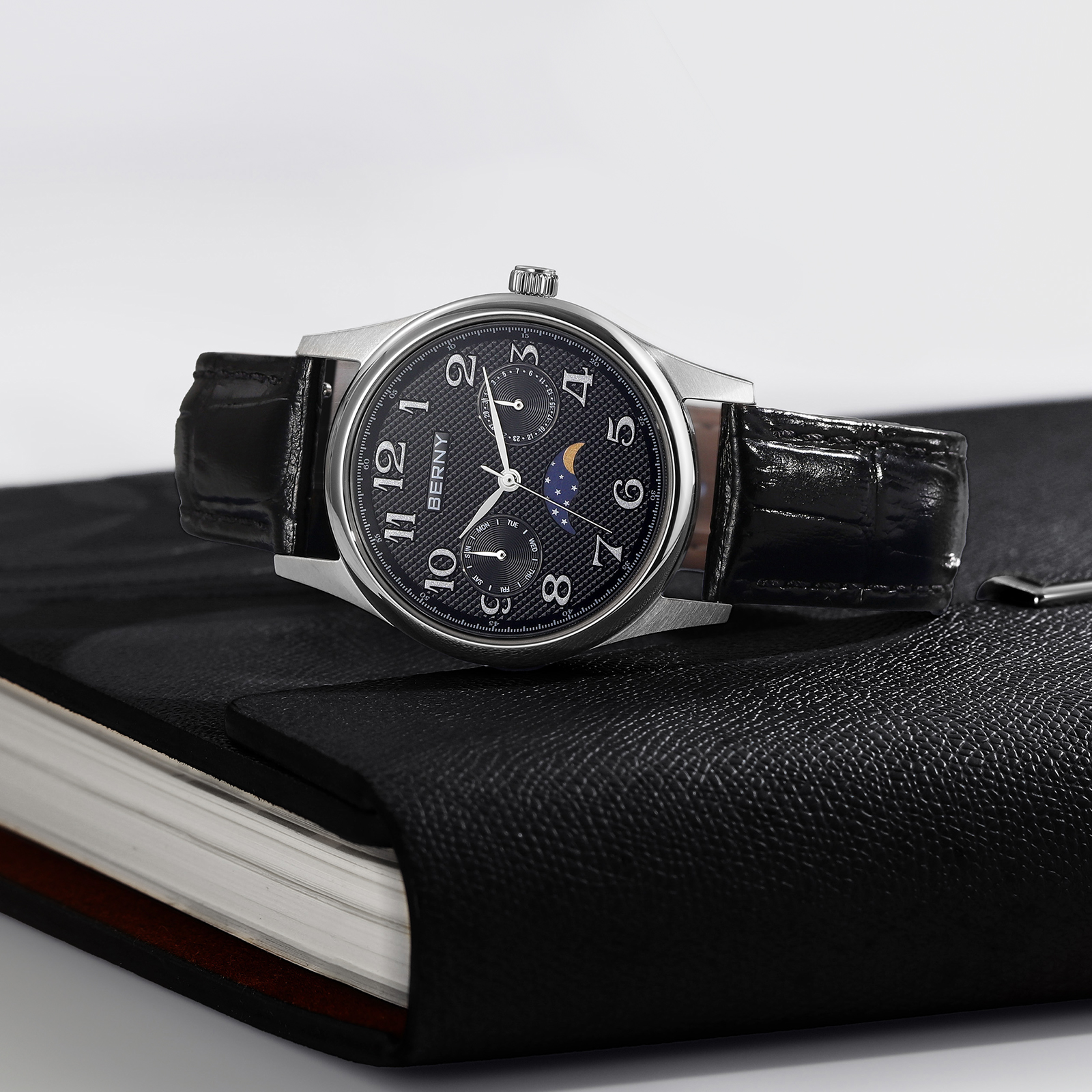 BERNY Dress Watches for Women, MultiFunction Leather Watch with Moon Phase, Day & Date Calendar, Stainless Steel Case, Easy to Read, Waterproof, Ladies Analog Quartz Wrist Watch (Black)