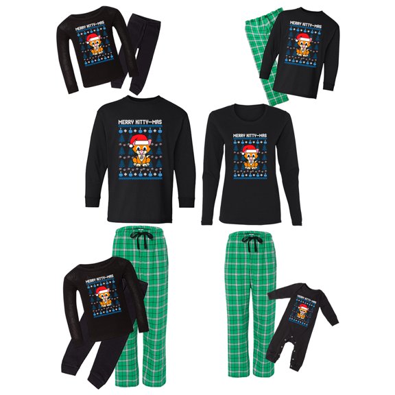 Awkward Styles Family Christmas Pajamas Set Green Merry Kittymas Matching Sleepwear