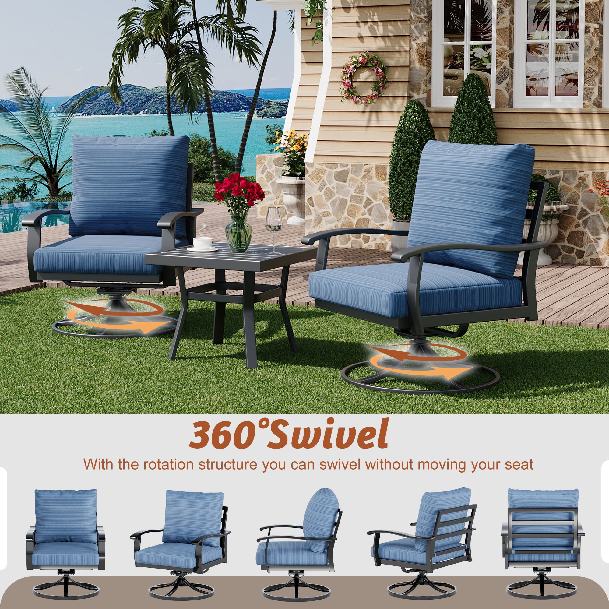 HOMREST Outdoor Swivel Rocker Patio Chairs with Ottomans and Coffee Table 5 PCS Bistro Set, 360 Degree Swivel Rocking Chair Patio Conversation Set with Thickened Cushion for Garden, Deck and Poolside
