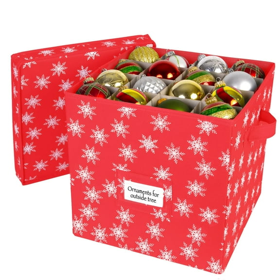 Hold N' Storage Christmas Ornament Storage Box with Lid. Stores up to 64- 3” Ornaments – Red/White Snowflakes