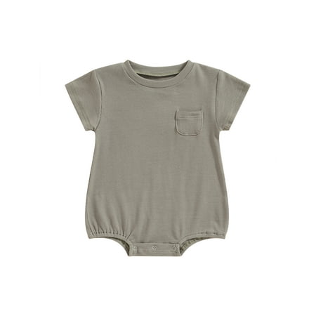 

Infant Baby Girl Boy Short Sleeve Crewneck Knitted Ribbed Solid Color Romper with Breast Pocket Bodysuit Summer One Piece Outfit