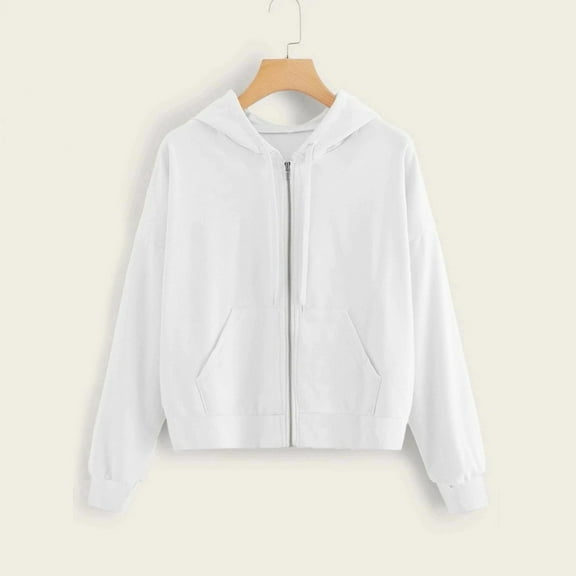 White Essentials Hoodie, Polyester Hoodies for Women, Solid Tops Pocket Zipper Women Hooded Long Sweatshirt Casual Sleeve Shirt Women's Blouse M