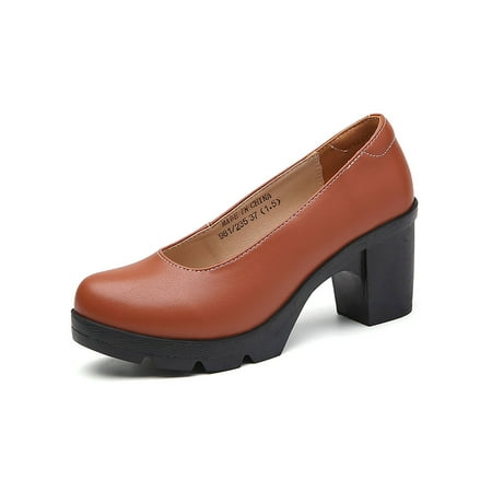 

Frontwalk Ladies Dress Pumps Shoes Round Toe Chunky Block Heel Formal Anti-Slip High Heels Women Slip On Light Brown 7.5