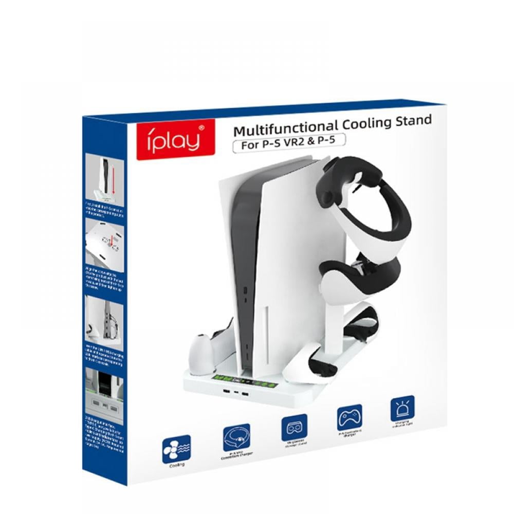 PS5 Stand with Cooling Station and Dual Controller Charging Station, PS5 Disc Version, PS5 Cooling Fan with Headset Holder & PSVR2 Holder and 3 Adjustable Fan Speeds