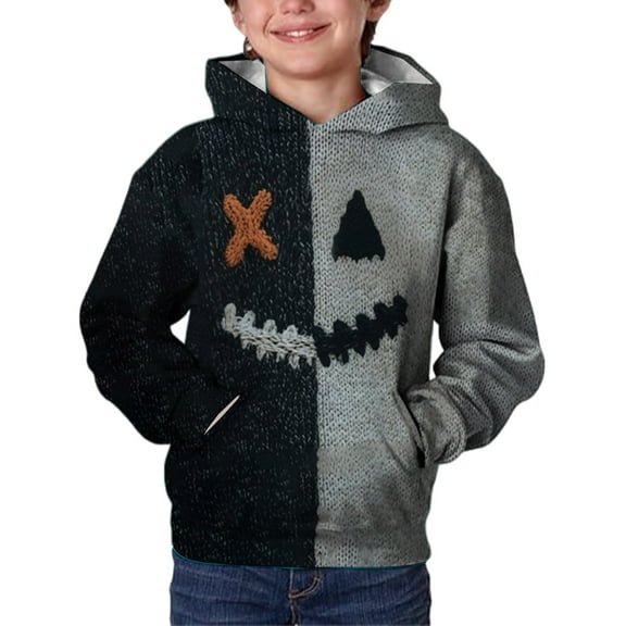 LIJCC Teen Boys Girls Halloween Spooky Face Graphic Hoodies Oversized Pullover Sweatshirts Patchwork Hooded Fall Warm Soft School Shirts
