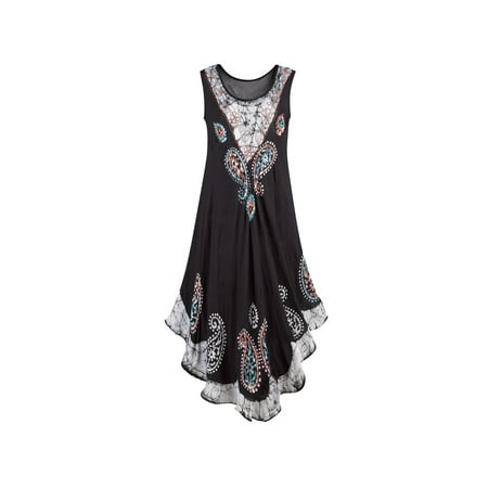 - Black Tie-Dye Trim Sundress - Paisley Print Sleeveless Midi Length Dress with Hi Low Hem