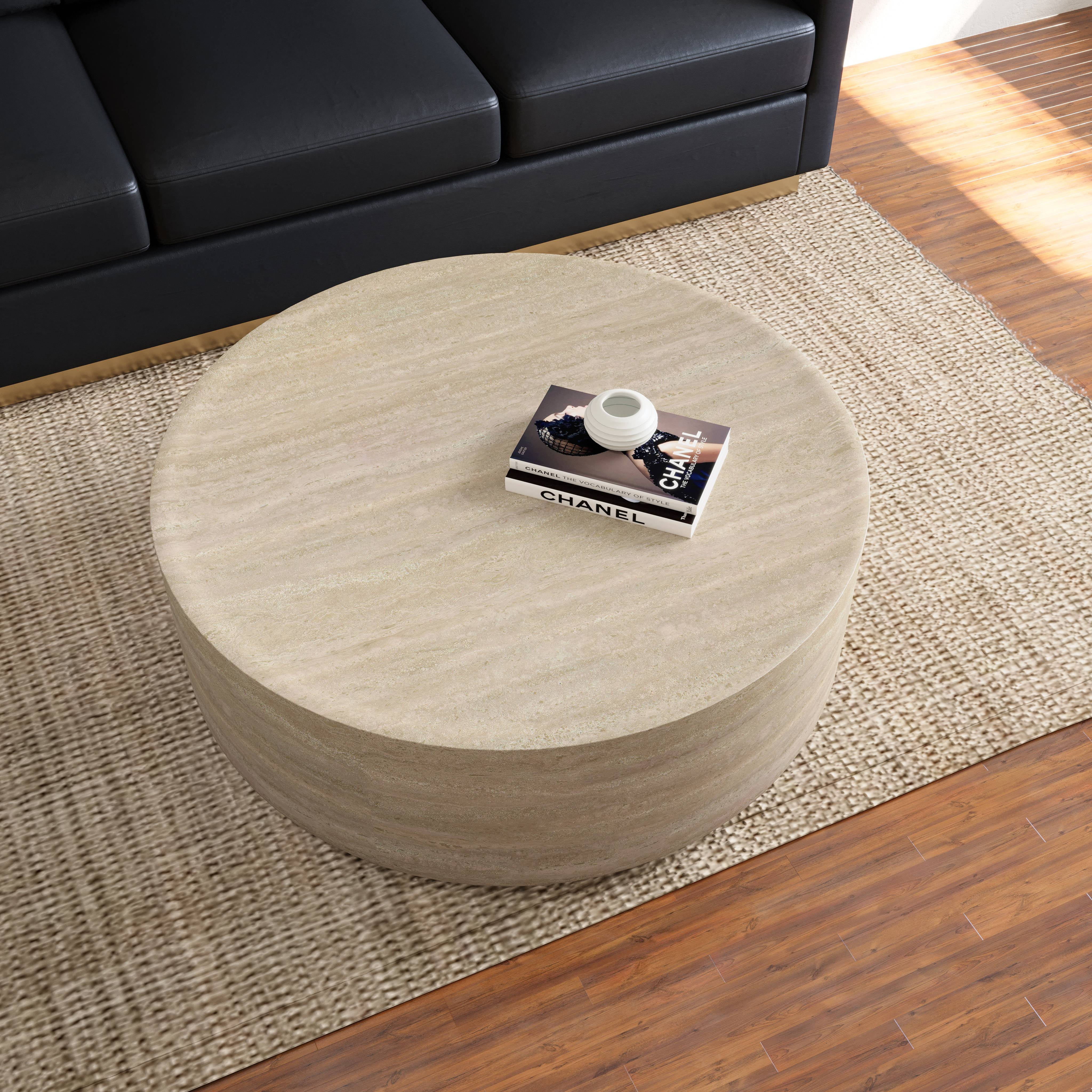 LeisureMod 32 Inches Round Coffee Table in Fiberstone Center Table for Indoor and Outdoor Use No Assembly for Modern Home, Living Room, Offices Sandy Collection, Travertine