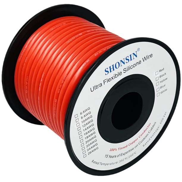 Shonsin Carrete de alambre de silicona calibre 10, 50 pies, rojo, extremadamente flexible, cable automotriz de 10 AWG, 1050 * 0,08 mm, cobre trenzado estañado (5,3 mm2), alta temperatura, 392?/200? Cl