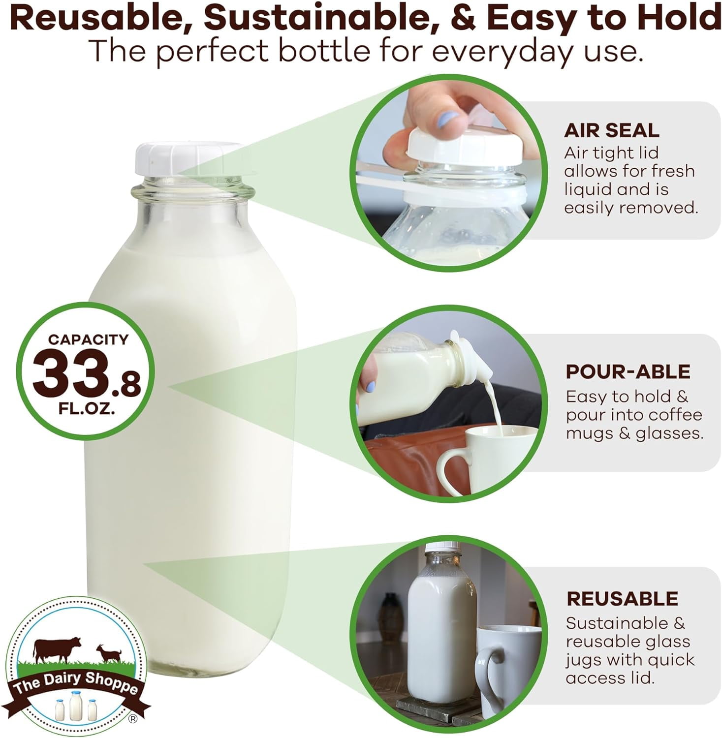 Milk Bottle with Pour Spout, 100% Airtight Heavy Duty Screw Lid. 2 Pack 32  Oz Reusable Glass Bottles…See more Milk Bottle with Pour Spout, 100%