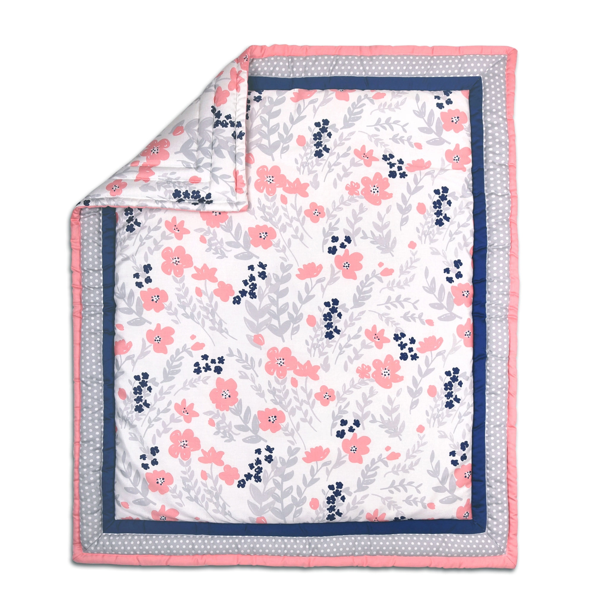 The Peanut Shell Baby Crib Quilt - Coral Pink, Navy Blue and Grey Floral Print - 100% Cotton
