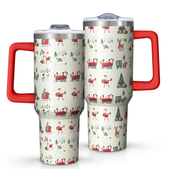 Beige Christmas Santa and Train Pattern Tumbler with Handle and Lid,40oz Double Wall Vacuum Insulated Tumbler,Cups Gift for Women and Men