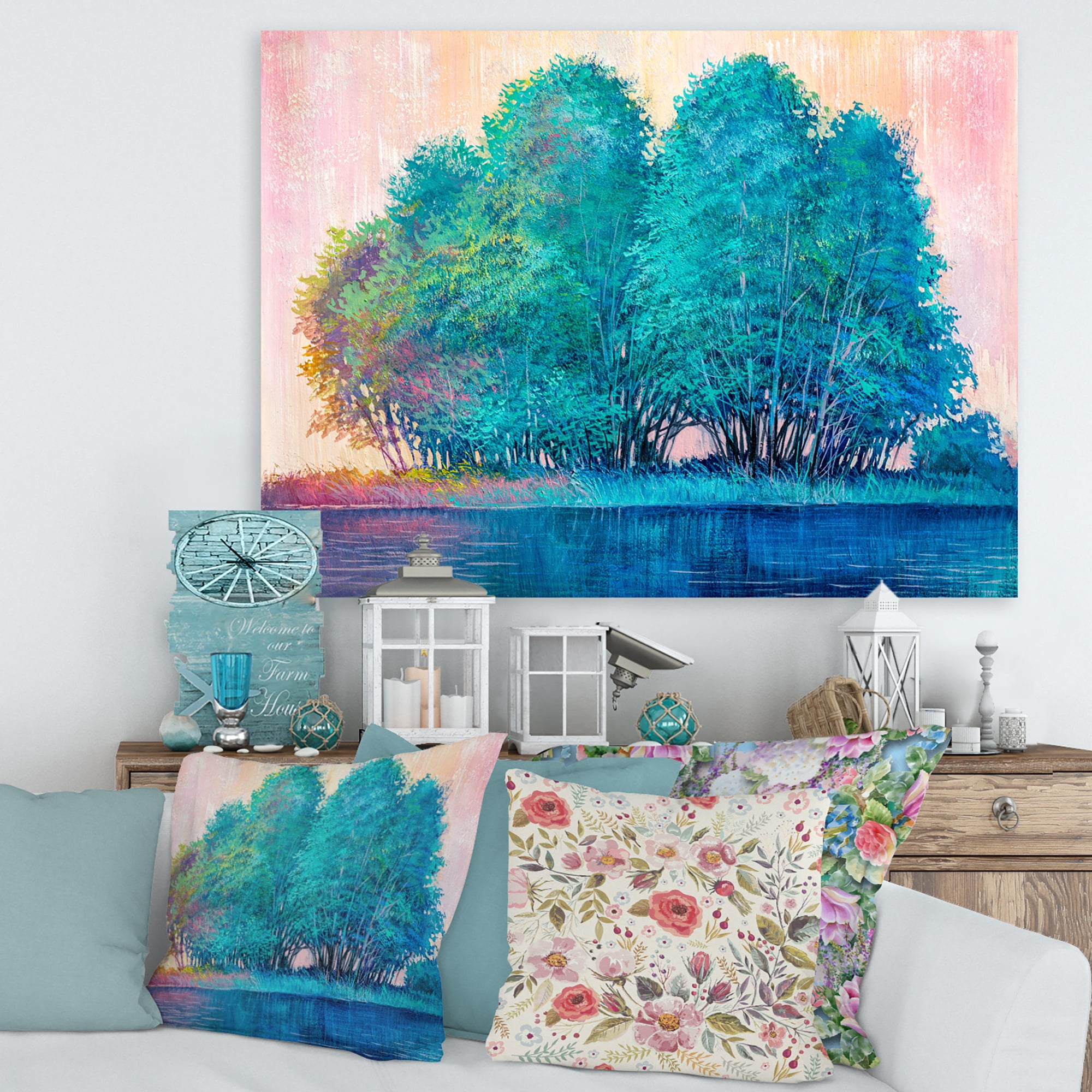 Designart ' Blue Coloured Tree Impression By Lakeside ' Lake House Canvas Wall Art Print
