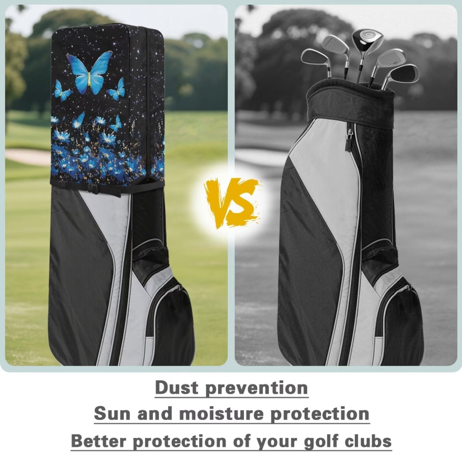Chririnla Blue Butterfly Floral Golf Bag Rain Cover Waterproof Hood with Snap Button Dust Cover for Clubs Universal Fit for Stand Bags, Cart Bags & Tour Bags