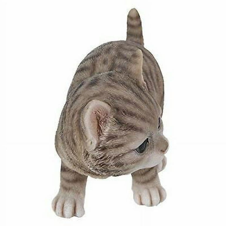 Lifelike Crouching Grey Striped Tabby Cat Statue 8.25