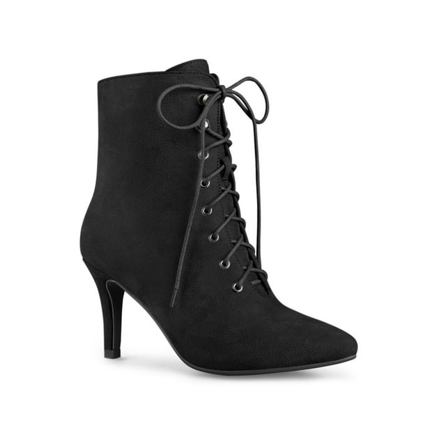 Unique Bargains Women's Pointed Toe Zip Lace Up Stiletto Heels Ankle Boots