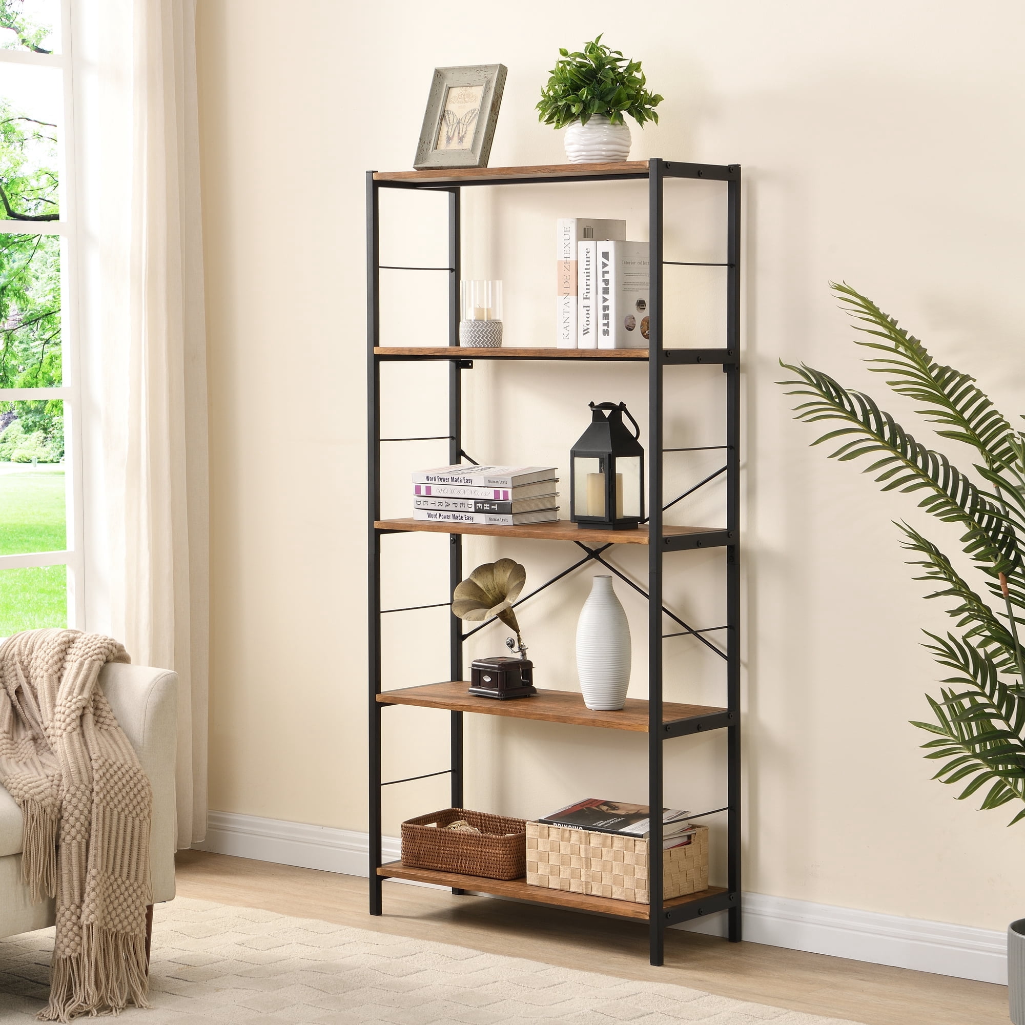 eHemco 5 Tier Bookshelf, Modern Rustic Bookcase Shelf, Book Rack, Free Standing Shelf, Storage Rack for Home Office, Living Room, Kitchen, 64 Inches, Black Metal Frame with Coffee Shelves