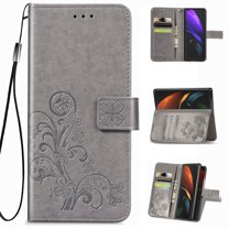 Allytech for Galaxy Z Fold 4 Wallet Case with Card Holder, Durable Embossed Floral PU Leather Flip Folio Kickstand Magnetic Snap Hand Strap Case for Samsung Galaxy Z Fold4 5G 2022, Gray