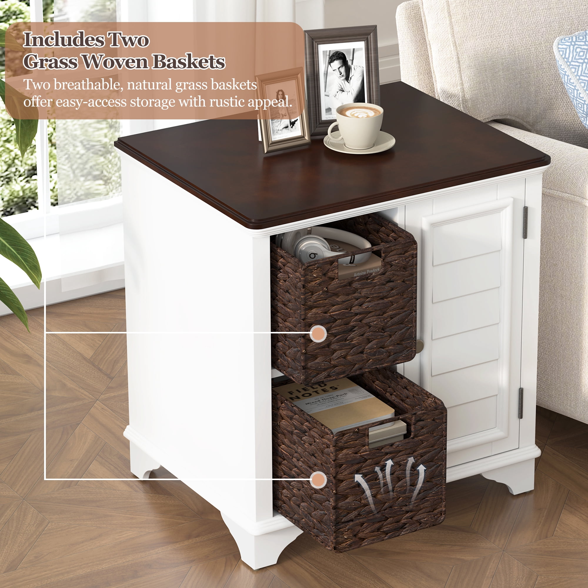 Farmhouse Nightstand,End Table Side Table with 2 Woven Grass Drawers Bedside Table for Bedroom,Closet,Dorm,White