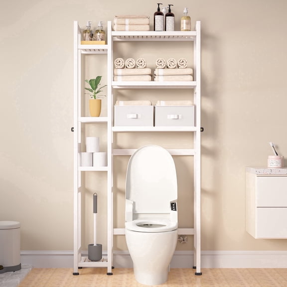 Enogets Over the Toilet Storage, Bamboo Bathroom Organizer with Adjustable Rack, Basket, Drawer & Waterproof feet