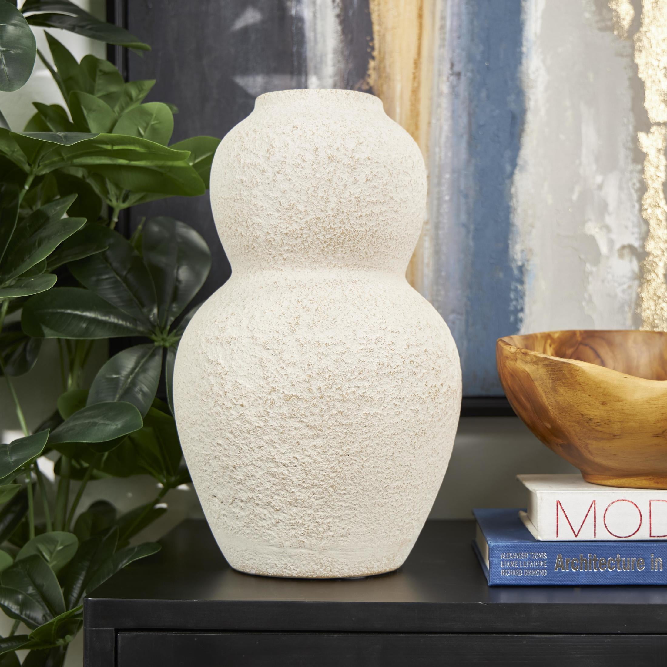 DecMode 15" Hourglass Textured Cream Ceramic Vase with Brown Distressing