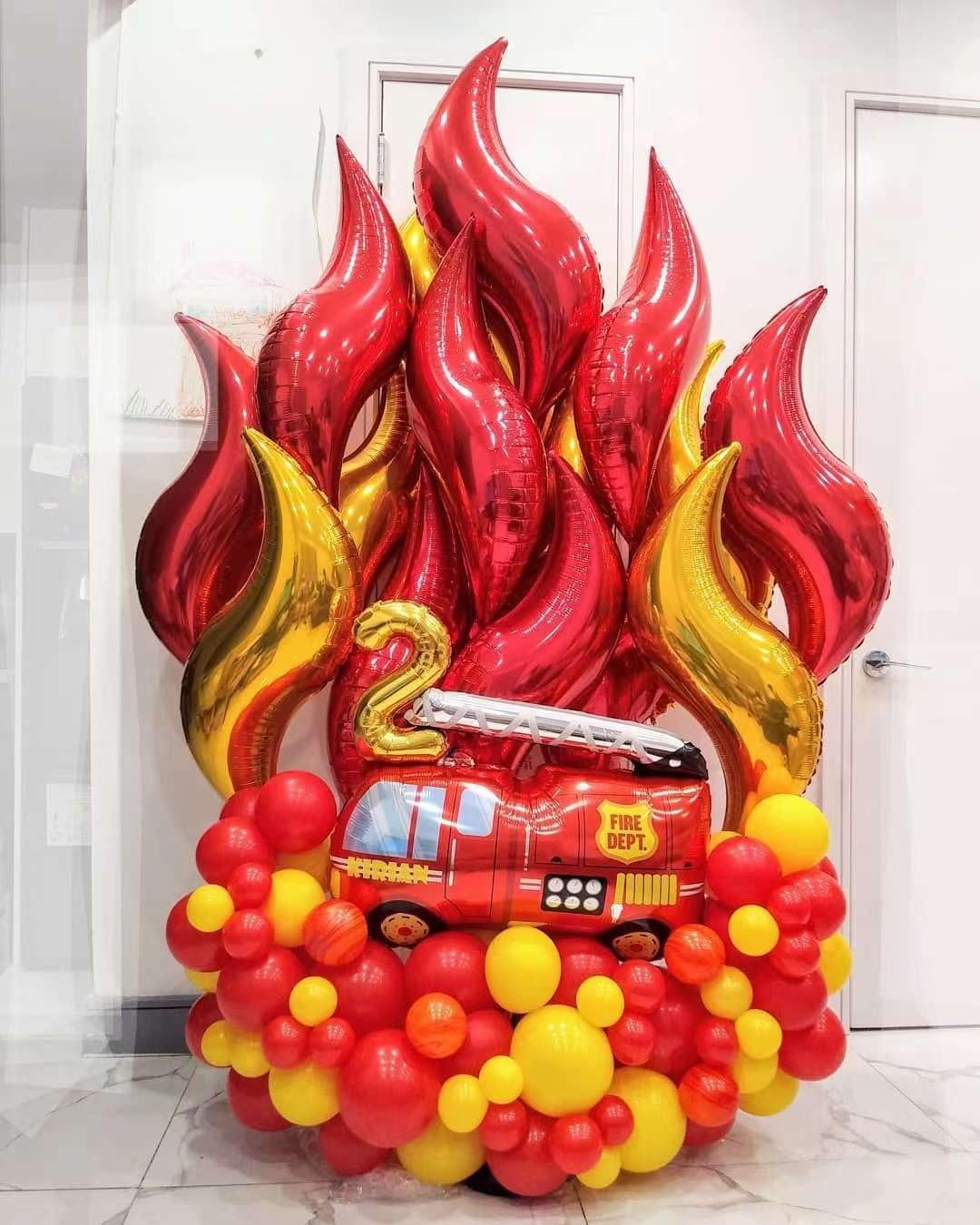 Fire Balloon Garland Arch Kit 144PCS Balloons with Fire Truck Foil Balloons for Fireman Birthday Party Supplies Firefighter Rescue Theme Decoration Red Yellow Chrome Gold
