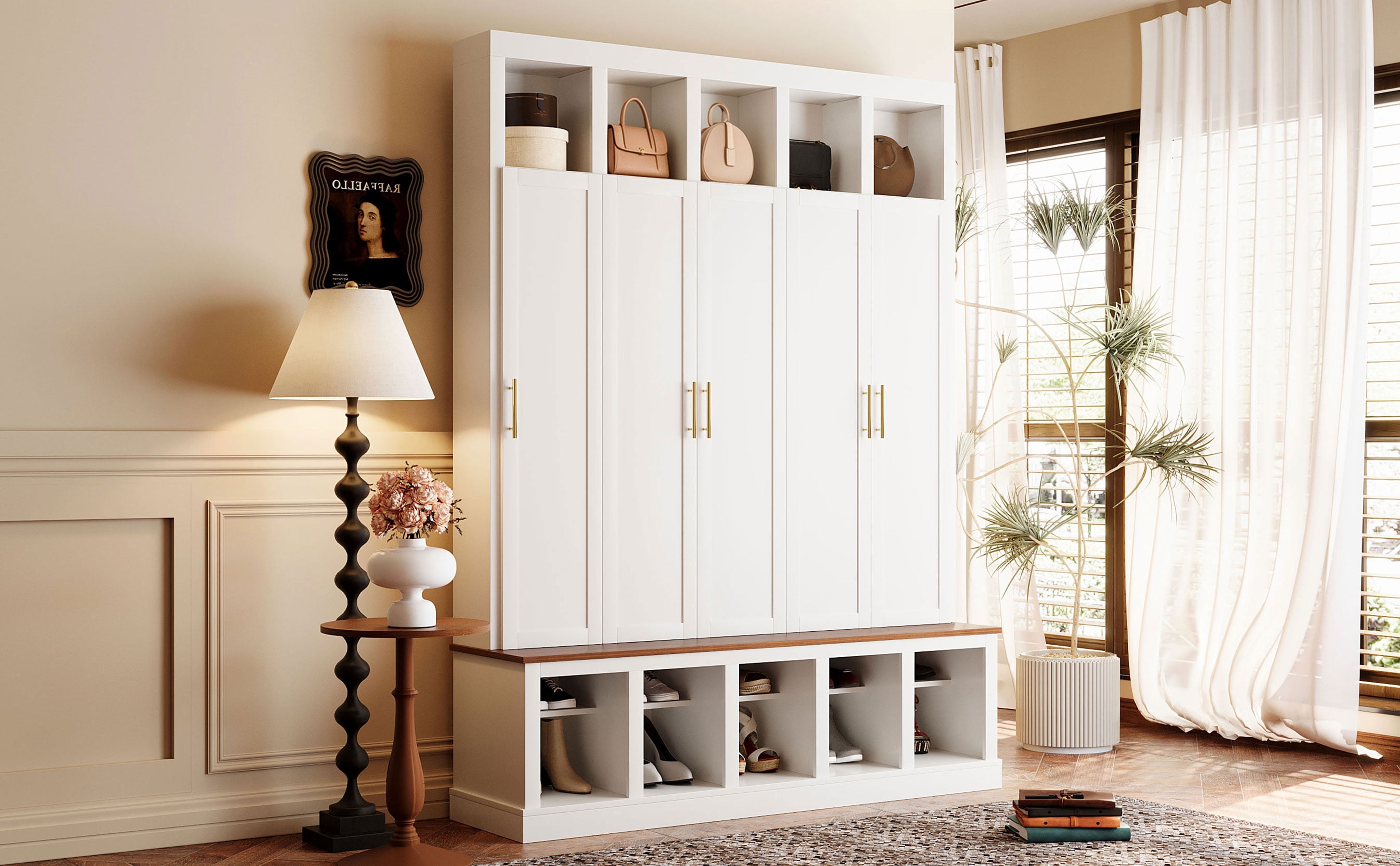 Mintazer 76” Tall Farmhouse Hall Tree with Shoe Rack Bench & Display Cubbies, Storage Cabinet with 3 Doors Closet for Entryway, Living Room, Bedroom, White