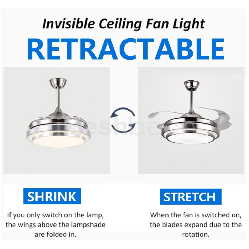 iMeshbean 42" LED Chandelier Invisible Ceiling Fan Light Ceiling Lamp Retractable w/Remote Control, 3 Light Color Changing