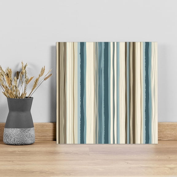 Turquoise Beige Wall Art Painting on Canvas, Boho Vertical Stripes Bohemian Retro Canvas Art Home Prints Wall Art Framed Modern Artwork for Living Room Bedroom Wall Decor 12x12in