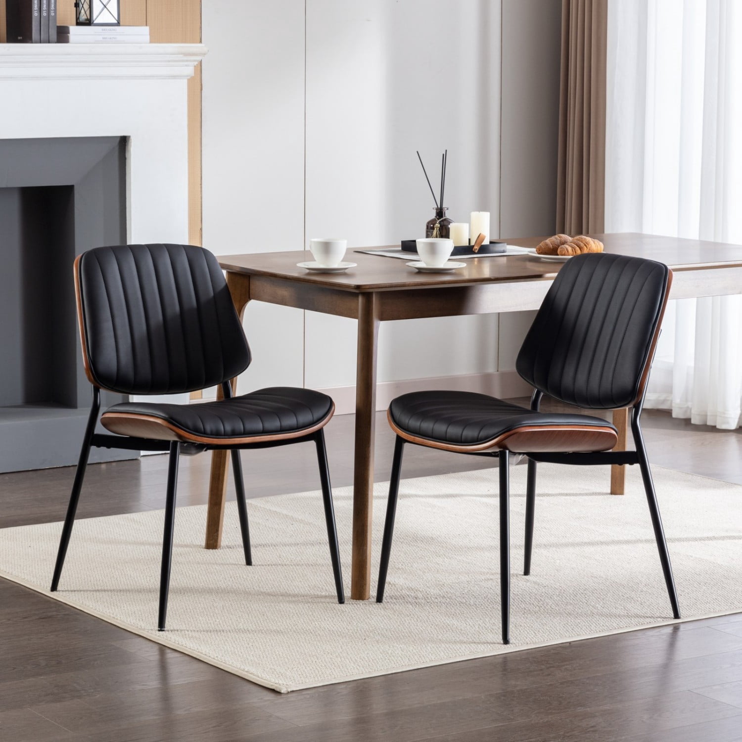 Dining Chairs Set of 2 Mid Century Modern Retro Faux Leather Chairs with Walnut Bentwood Back Upholstered Seat Metal Legs Adjustable Foot Pads Kitchen Dining Room Chairs, Black