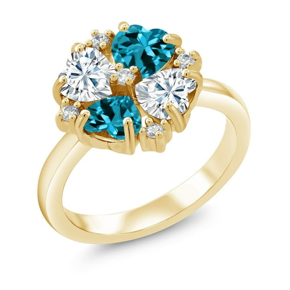 Gem Stone King 18K Yellow Gold Plated Silver Moissanite and London Blue Topaz Ring for Women (2.18 Cttw, Heart Shape 5MM, Gemstone Birthstone, Size 7)