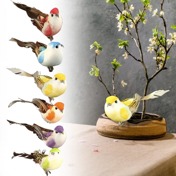 Anewi Artificial Birds with Real Feathers, Realistic Fake Bird Figurines for Wreath Crafts and Garden Decor, Clip on Ornaments, Assorted Colors, 6 Pcs