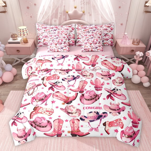 Homewish Kids Teens Western Cowgirl Boots Hats Twin Bedding Sets 7-Piece,Pink Stars Print Bedding Comforter Set Microfiber,Dreamy Princess Breathable Sheet Sets,Luxury Bedroom Decor,Reversible