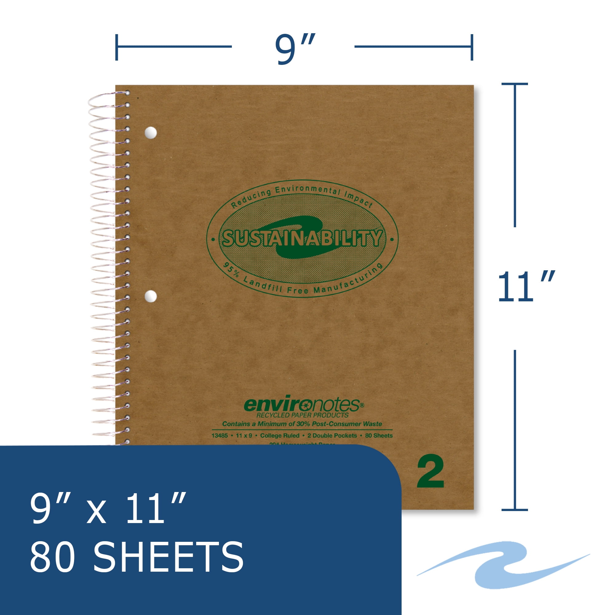 Roaring Spring Environotes Recycled Spiral Two Subject Notebooks, 11" x 9", 80 Sheets, College Ruled, 24 Notebooks