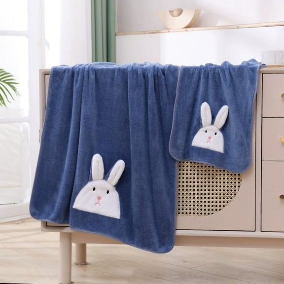 Easter Bunny Bath Towel Set | Thickened Coral Velvet | Quick-Dry & Highly Absorbent | 75X35Cm 70X140Cm Towels | Blue Polyester Holiday Bath Set