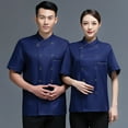 thumbnail image 4 of serony Chef Uniform Short Sleeve Kitchen Apron Double-breasted Suits Comfortable Stitching Shirts for Men Simple Style for Coffee Bar Blue 3XL, 4 of 8