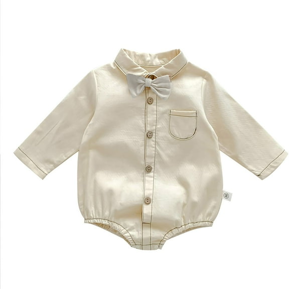 Ruyang Baby Boys First Birthday Outfit Trendy Shirt Romper with Bow Long Sleeve Button Down Tie Cute Gentleman Bodysuit