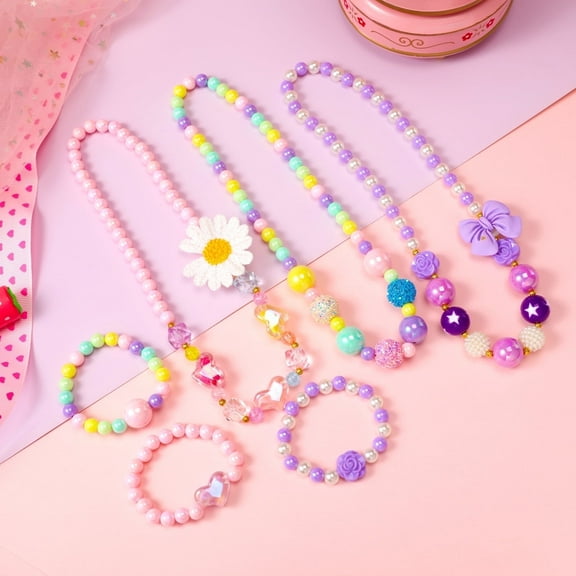 PinkSheep 6Pcs Kids Jewelry Set for Girls, Flower Beaded Necklace Bracelet Sets Dress Up Play Jewelries for Toddler Little Girl Dress up